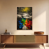 Forest Reflection, Black and White with Vibrant Colors, Abstract Waterfall Painting, Framed Canvas Print, Nature Lover’s Wall Art