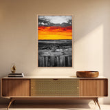Sunset Landscape, Rustic Fence, Fiery Sky Art, Bold Color Wall Art, Abstract Nature Scene, Canvas Print, Boho Home Decor