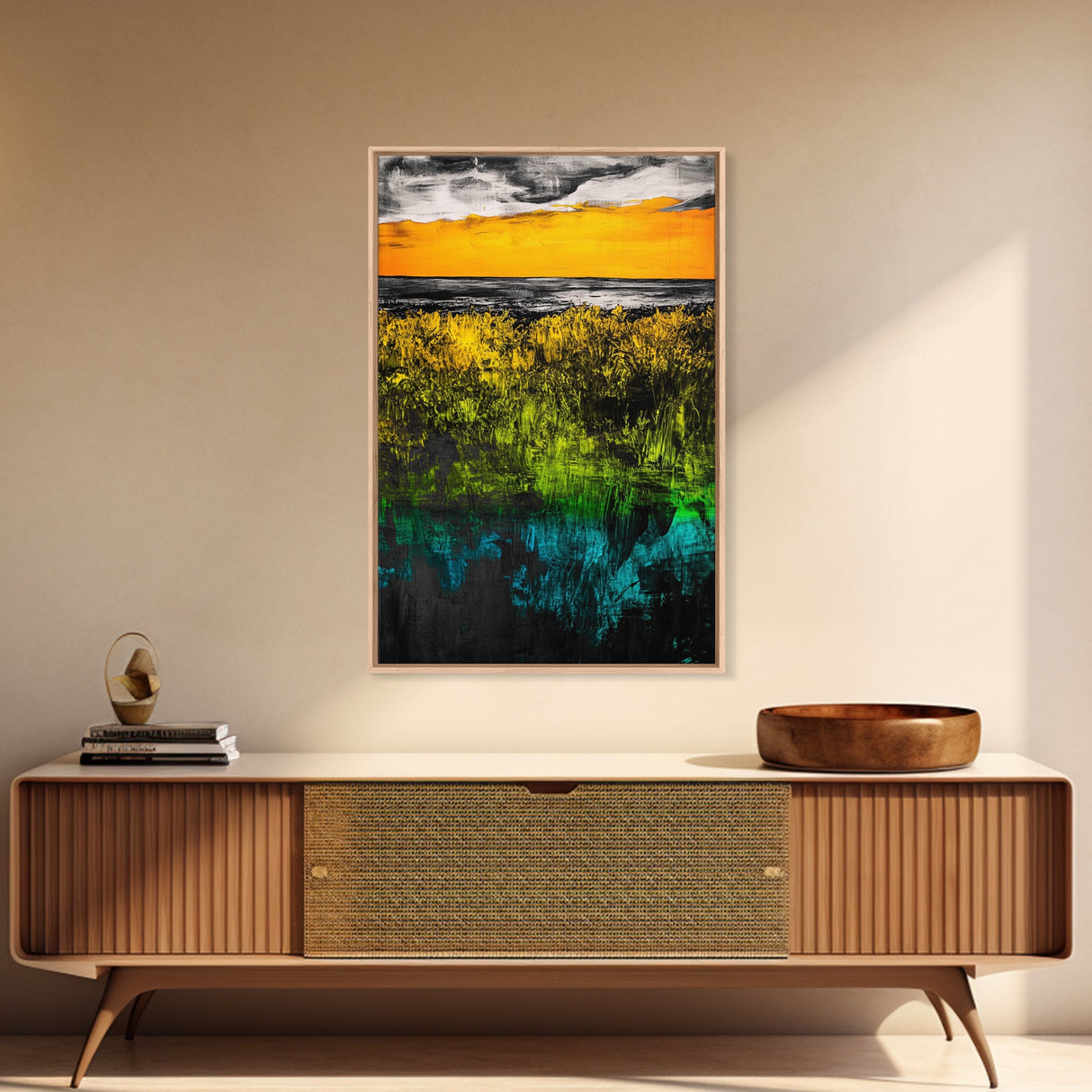Vibrant Sunset, Golden Horizon, Abstract Landscape, Fall Wall Decor, Textured Nature Art, Framed Canvas Print, Modern Home Art