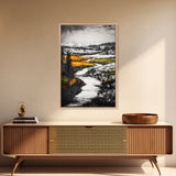 Autumn River, Fall Landscape, Black White Orange, Framed Canvas Print, Nature Wall Art, Cabin Decor, Rustic Home Painting
