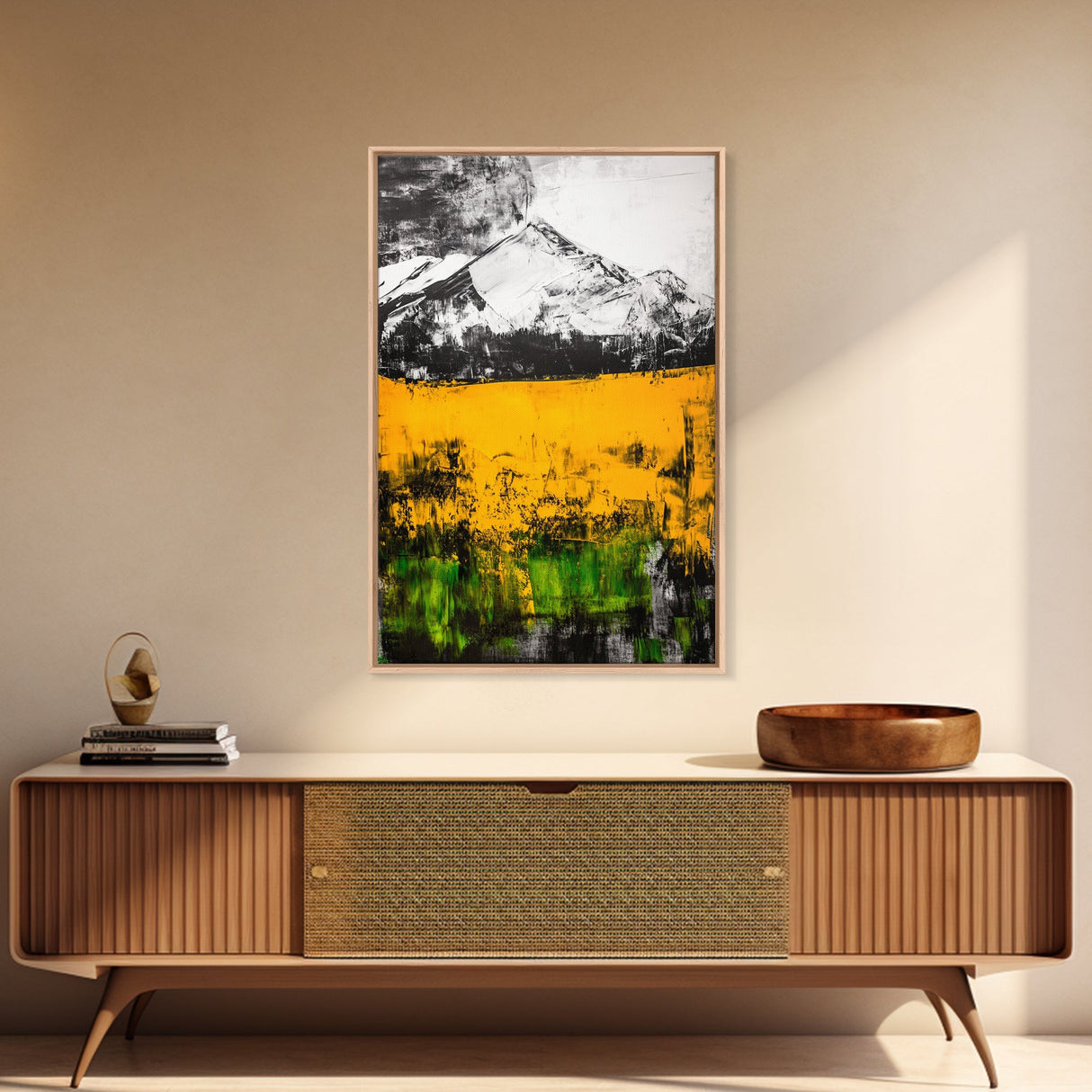 Golden Fields, Mountain Wall Art, Abstract Landscape, Bold Yellow, Rustic Decor, Autumn Artwork, Modern Painting, Framed Canvas Print