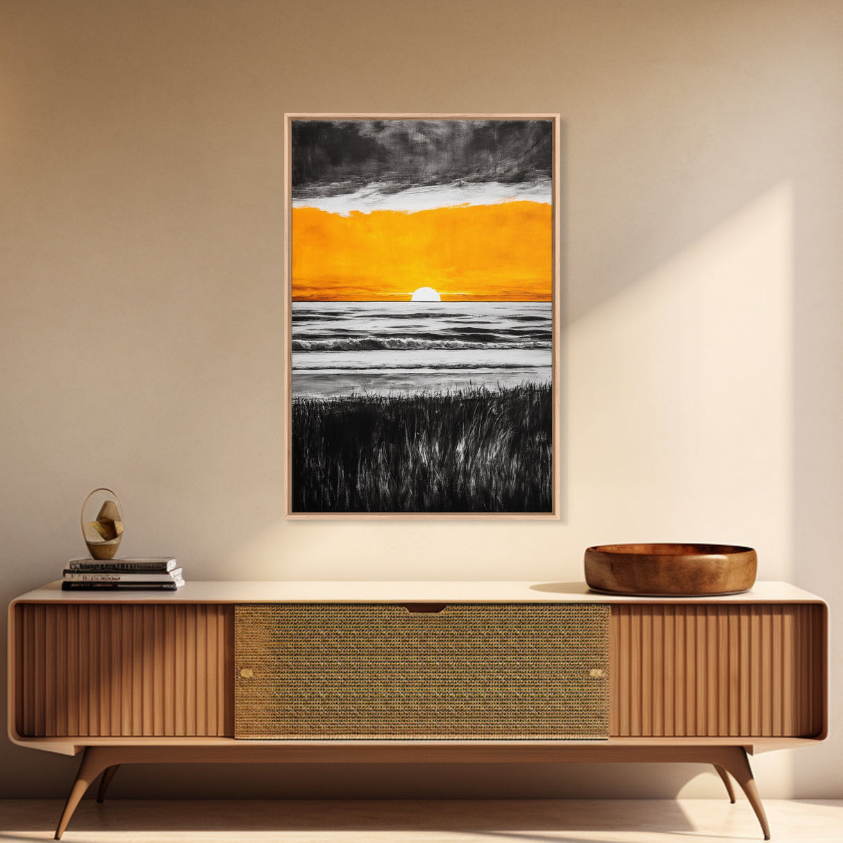 Fiery Sunset, Dramatic Sky, Ocean Scene, Framed Canvas Print, Fall Wall Art, Large Beach Painting, Contemporary Art, Sunset Horizon