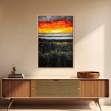 Bold Sunset, Coastal Horizon, Modern Landscape, Framed Canvas Print, Vibrant Seascape Art, Minimalist Beach Decor, Living Room Wall Art