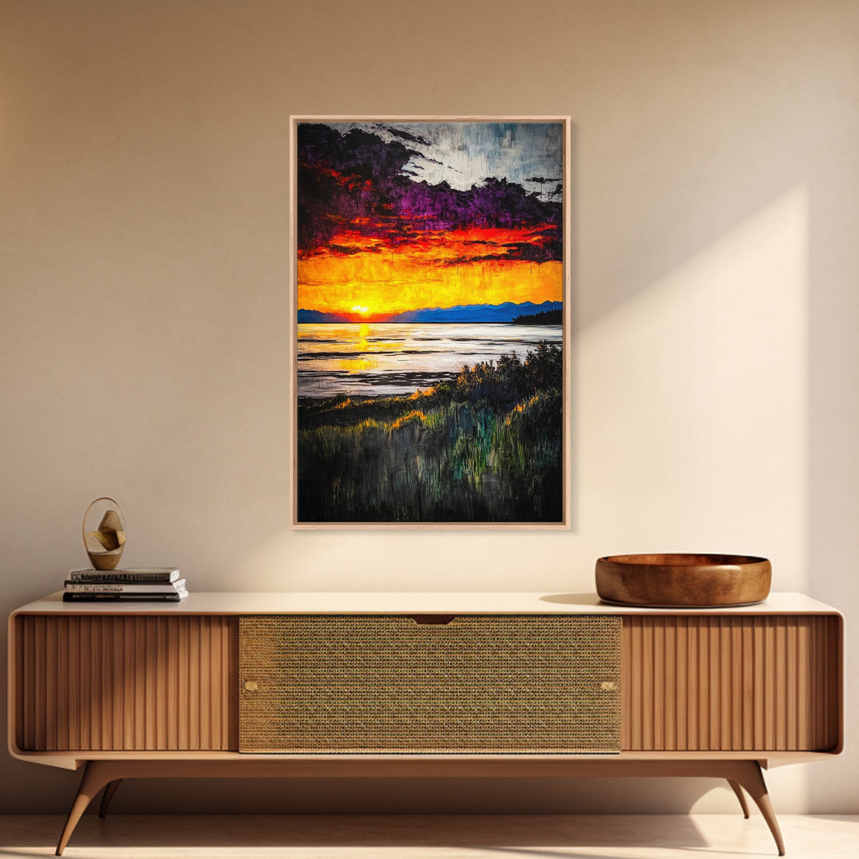 Beach Sunrise, Ocean View, Dramatic Skies, Framed Canvas Print, Large Wall Art, Coastal Home Decor, Serene Landscape, Modern Art