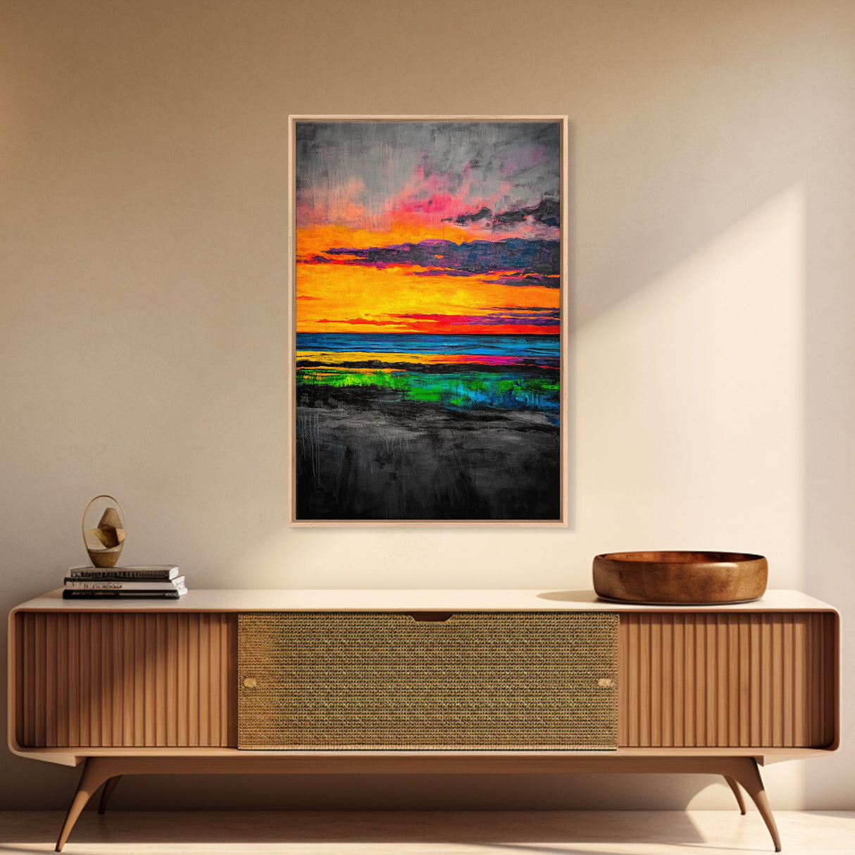 Sunset Glow, Vibrant Landscape, Nature Art, Framed Canvas Print, Dramatic Sky Painting, Fall Home Decor, Large Wall Art, Beach Scene
