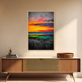 Sunset Glow, Vibrant Landscape, Nature Art, Framed Canvas Print, Dramatic Sky Painting, Fall Home Decor, Large Wall Art, Beach Scene