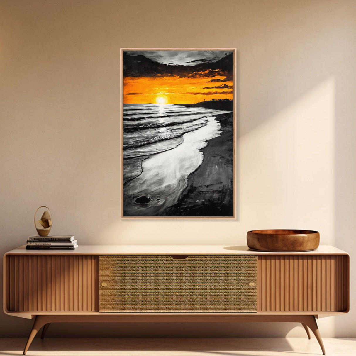 Golden Beach, Sunset Painting, Coastal Horizon, Framed Canvas Print, Seascape Art, Warm Fall Colors, Large Wall Art, Minimalist Style