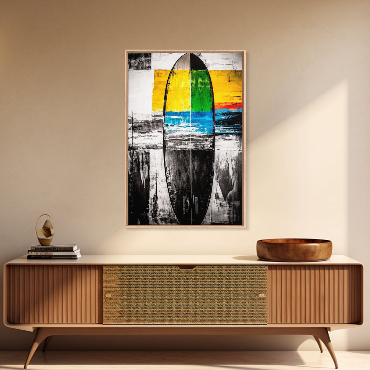 Abstract Surfboard, Colorful Beach Art, Modern Coastal Decor, Surfer Gift, Framed Canvas Print, Boho Wall Art, Bedroom Wall Art