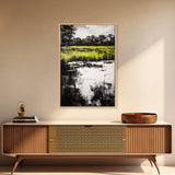 Marshland Reflections, Nature Landscape, Black and White Wall Art, Rustic Home Decor, Framed Canvas Print, Minimalist Aesthetic, Office Art