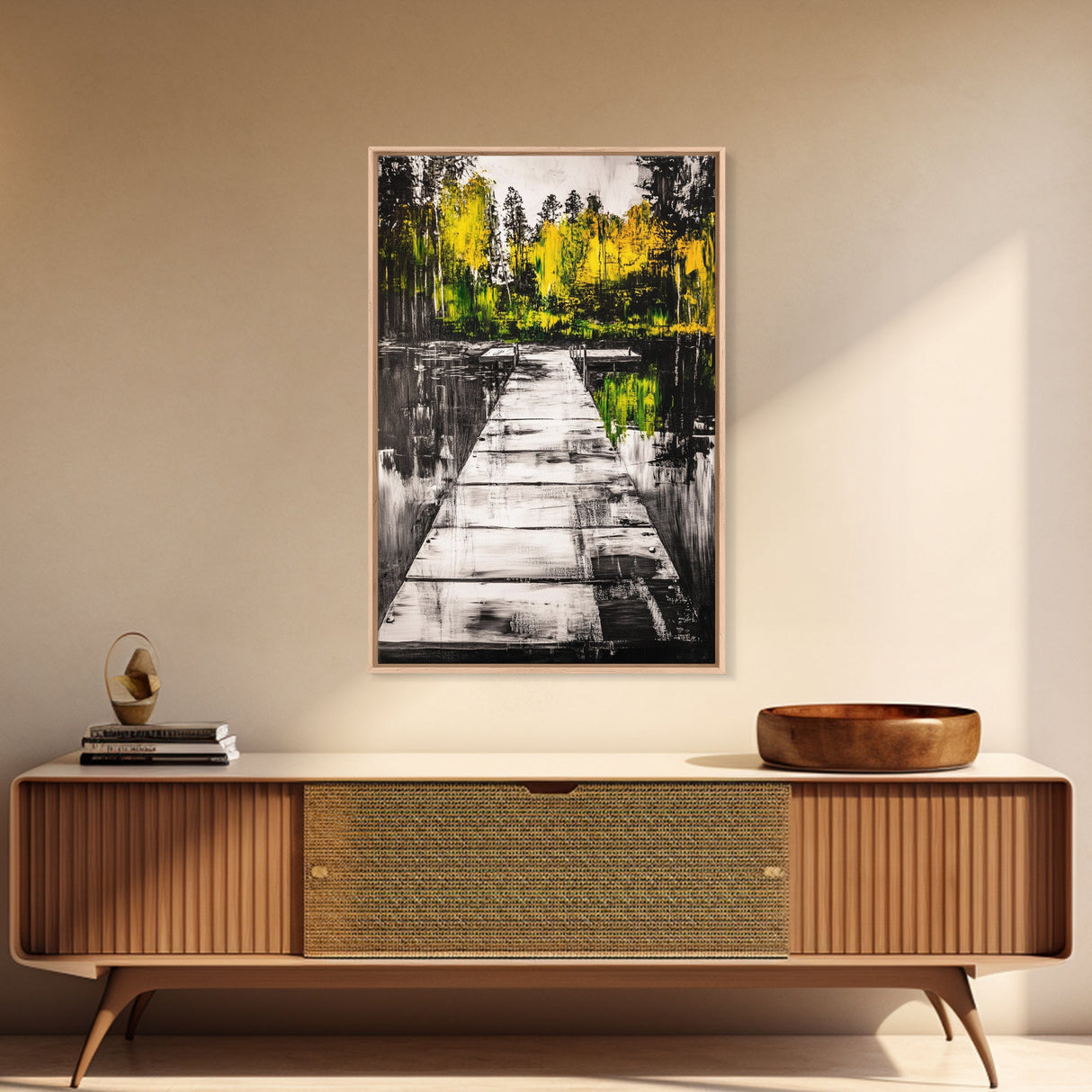 Wooden Dock View, Lake House Art, Nature Landscape Print, Rustic Wall Decor, Framed Canvas Print, Black and White Photography, Cabin Art
