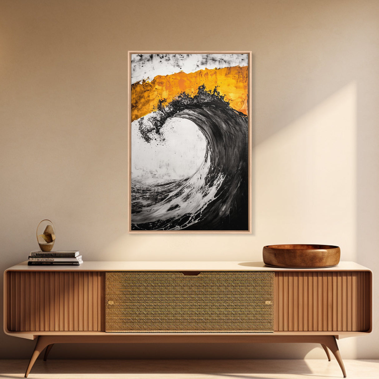 Giant Ocean Wave, Surfer Wall Art, Black and White Beach Print, Coastal Aesthetic, Framed Canvas Print, Ocean Lover Gift, Large Wall Art