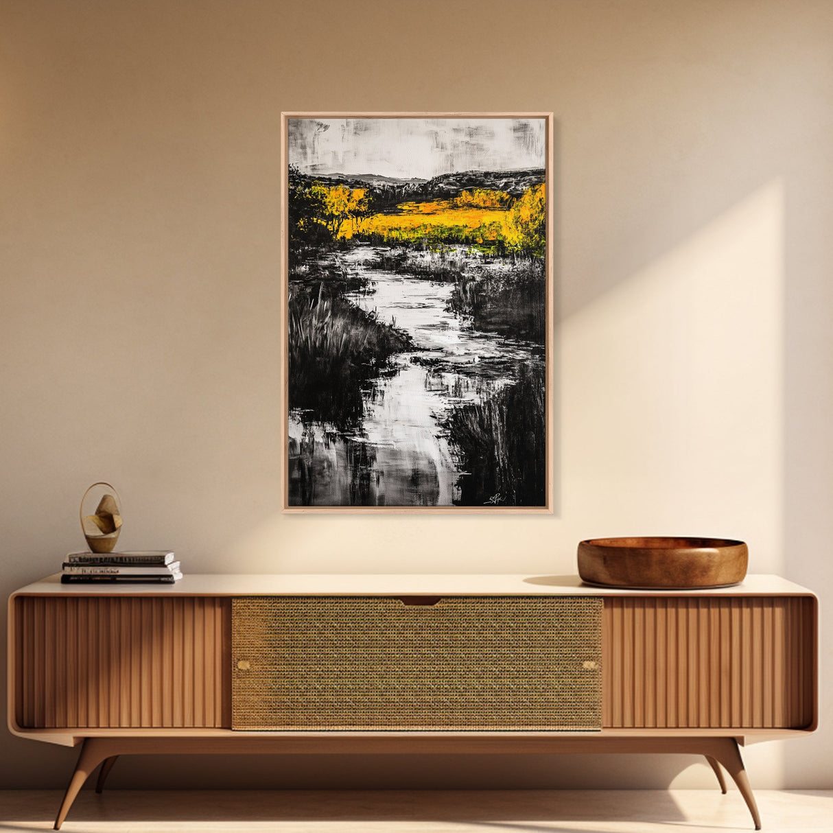 Black White Landscape, Yellow Trees, River Stream Art, Rustic Farmhouse Decor, Modern Nature Wall Art, Bedroom Wall Decor, Canvas Print