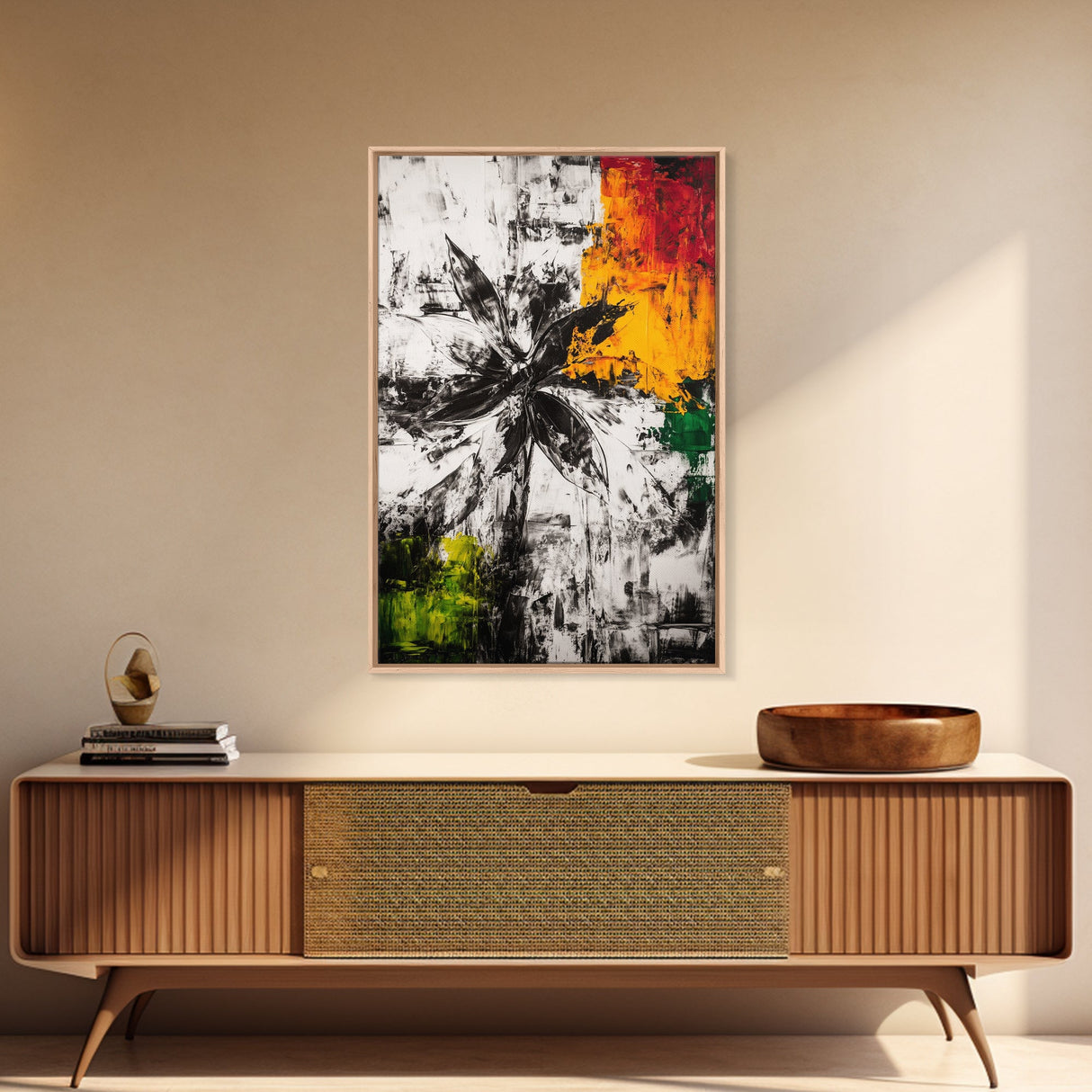 Black and White Flower, Abstract Floral Art, Bold Modern Decor, Minimalist Botanical Framed Canvas Print, Contemporary Bedroom Wall Art