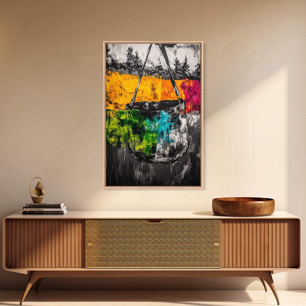 Abstract Swing, Colorful Expressionist Art, Rustic Farmhouse Decor, Unique Framed Canvas Print, Boho Living Room Art, Nature Wall Art
