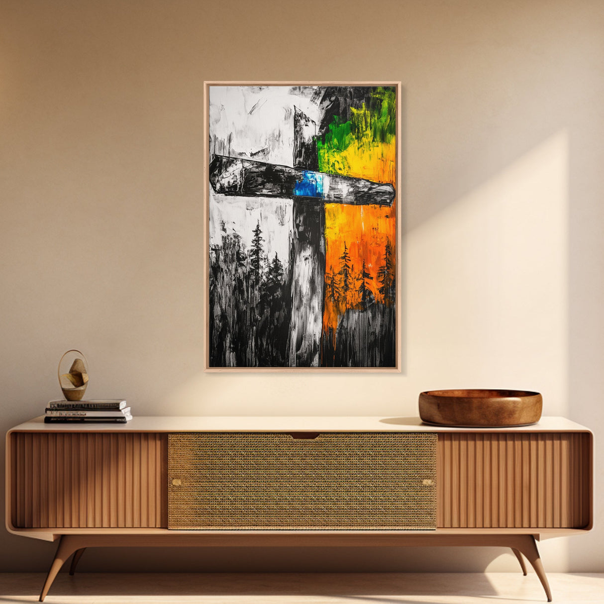 Wooden Cross, Religious Wall Art, Rustic Canvas Print, Faith Inspired, Spiritual Decor, Farmhouse Style, Living Room Art, Bold Colors