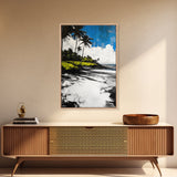 Tropical Beach, Palm Tree Art, Coastal Wall Decor, Canvas Print, Modern Seaside Artwork, Blue and Green Painting, Living Room Statement