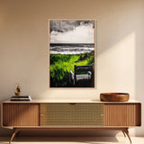 Beach View, Green Grass Landscape, Peaceful Coastal Decor, Seaside Retreat Art, Contemporary Wall Art, Framed Canvas Print