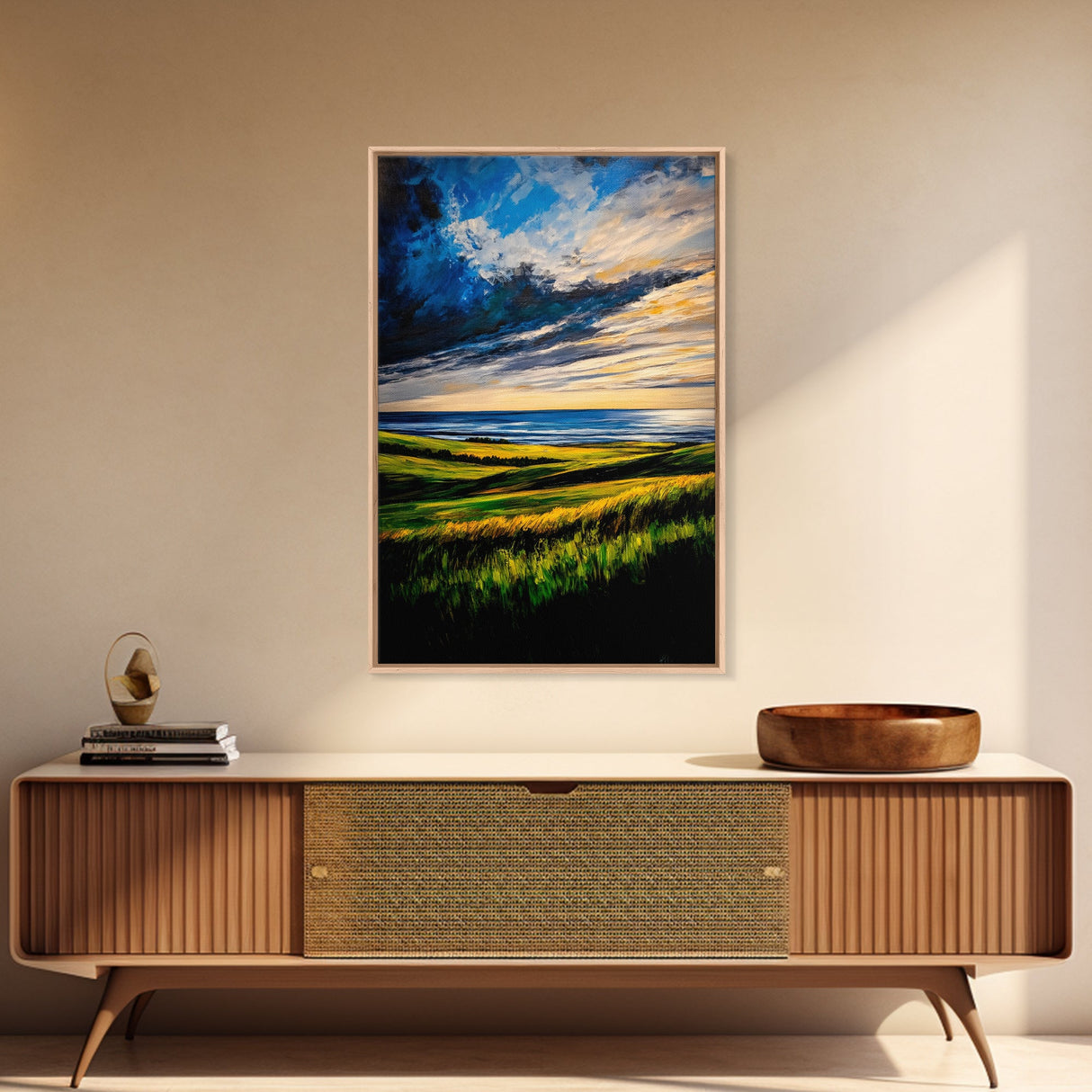 Sunset Over Hills, Coastal Fields, Dramatic Sky, Nature Wall Art, Framed Canvas Print, Vibrant Home Decor, Rolling Landscape, Ocean View