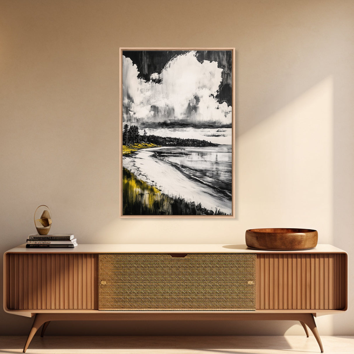 Tranquil Shoreline, Coastal Landscape, Framed Canvas Print, Beach House Wall Art, Ocean View, Minimalist Seascape, Living Room Accent