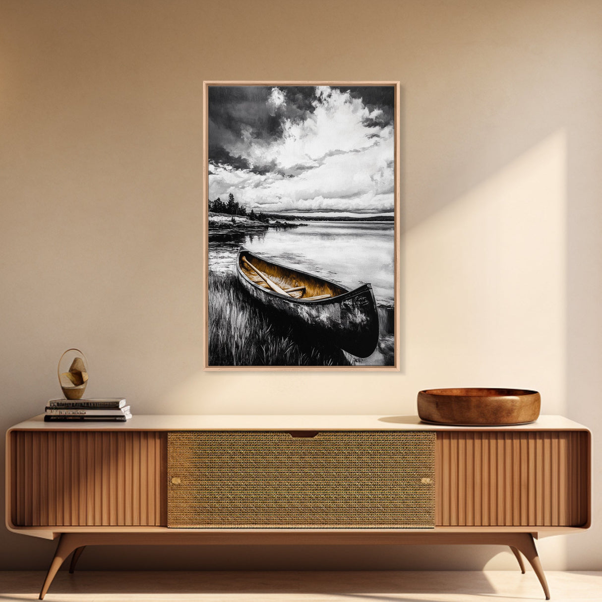 Rustic Canoe, Lake Wall Art, Black and White Decor, Nature Photography, Lodge Wall Decor, Cabin Art, Wilderness Print, Framed Canvas Print
