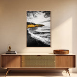 Golden Cliffs, Ocean Landscape, Beach House Wall Art, Canvas Print, Coastal Scene, Black and White Painting, Sunset Inspired Decor
