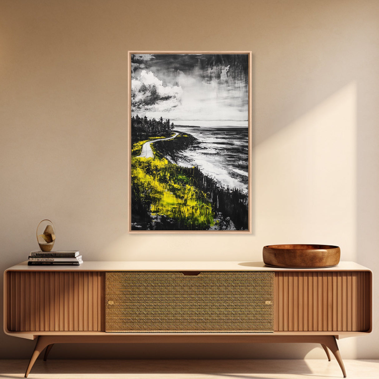 Coastal Road, Ocean View, Yellow Grass, Canvas Print, Scenic Landscape, Rustic Wall Art, Beach House Decor, Nature Painting