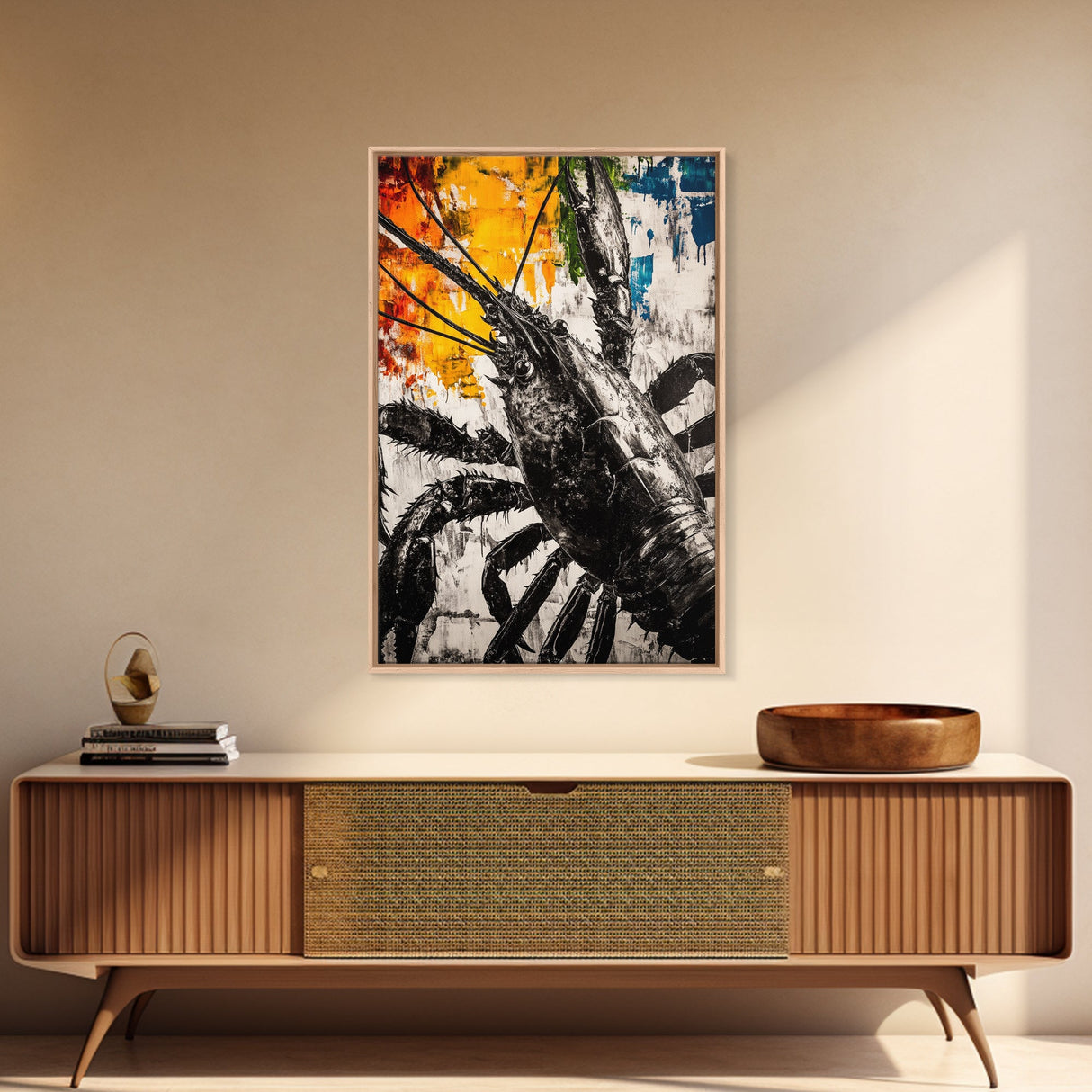 Lobster Artwork, Black and White Wall Print, Coastal Kitchen Decor, Rustic Nautical Art, Bold Seafood Illustration, Framed Canvas Print