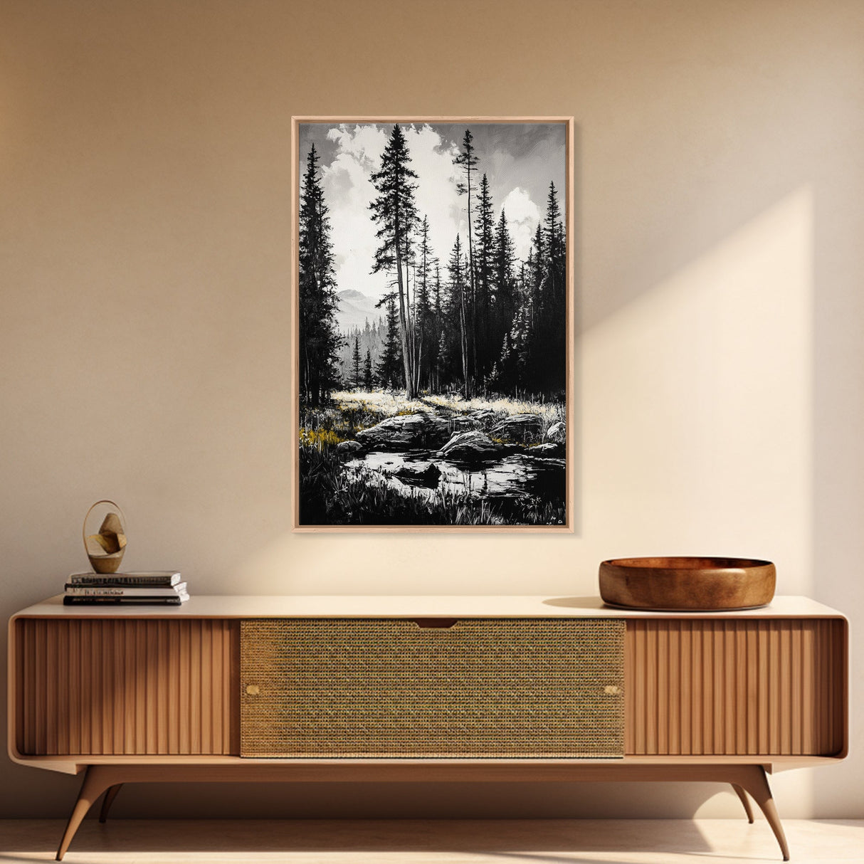 Forest Landscape Print, Black and White Tree Art, Cabin Wall Decor, Nature Inspired Art, Minimalist Scene, Framed Canvas Print