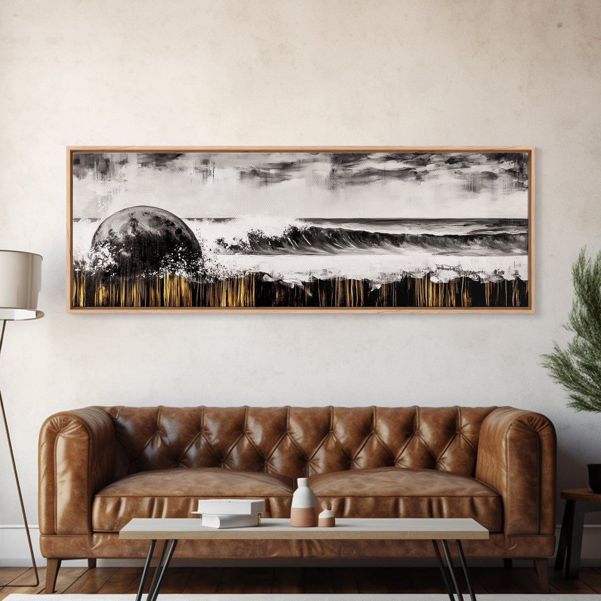 Surreal Ocean Art, Black and White Wave Print, Modern Seascape Painting, Coastal Wall Decor, Abstract Beach Canvas Print, Framed Canvas Print