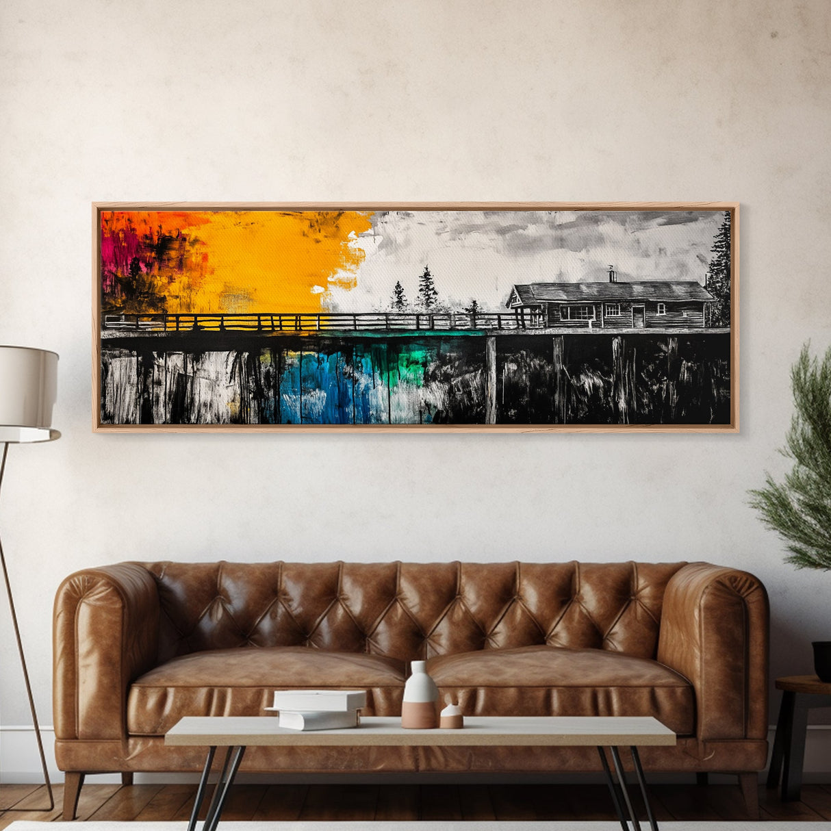 Sunset Cabin, Rustic Landscape, Autumn Wall Art, Framed Canvas Print, Log House Painting, Cozy Home Decor, Nature Lover Gift