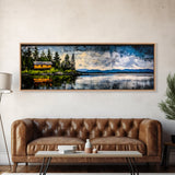 Cabin on the Lake, Peaceful Landscape, Nature Lover Art, Framed Canvas Print, Mountain View, Serene Wall Decor, Scenic Painting