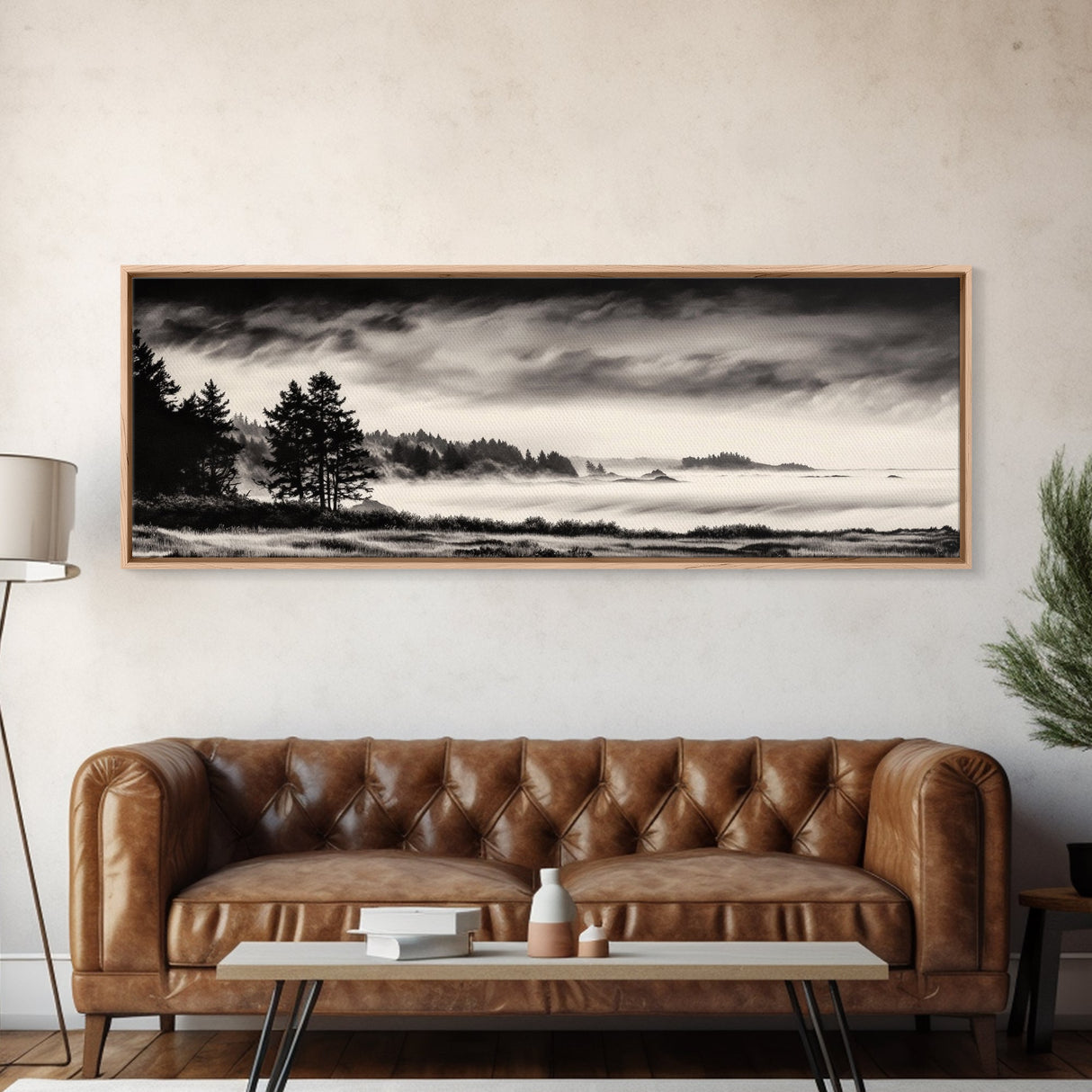 Misty Forest, Black and White Landscape, Minimalist Art, Large Wall Decor, Living Room Wall Art, Framed Canvas Print, Rustic Home Decor