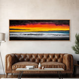 Fiery Sunset, Beach Scene, Ocean Waves, Vibrant Seascape, Framed Canvas Print, Living Room Art, Modern Coastal Wall Art, Beach House Decor