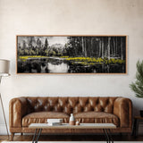 Misty Forest, Mountain Reflections, Black and White Nature Art, Framed Canvas Print, Living Room Decor, Wilderness Wall Art, Scenic Landscape