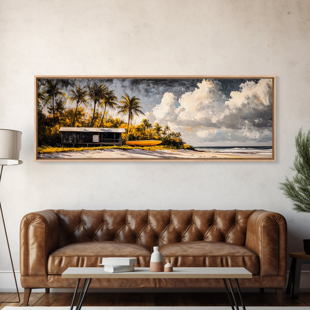Secluded Beach Cabin, Tropical Landscape Painting, Oceanfront Bungalow Art, Coastal Wall Decor, Vacation Home Canvas Print, Framed Canvas Print