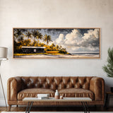 Secluded Beach Cabin, Tropical Landscape Painting, Oceanfront Bungalow Art, Coastal Wall Decor, Vacation Home Canvas Print, Framed Canvas Print