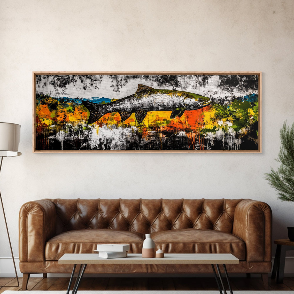 Salmon Wall Art, Rustic Fish Painting, Fishing Cabin Decor, Nature Wildlife Print, Lakehouse Art, Fall Colors, Framed Canvas Print