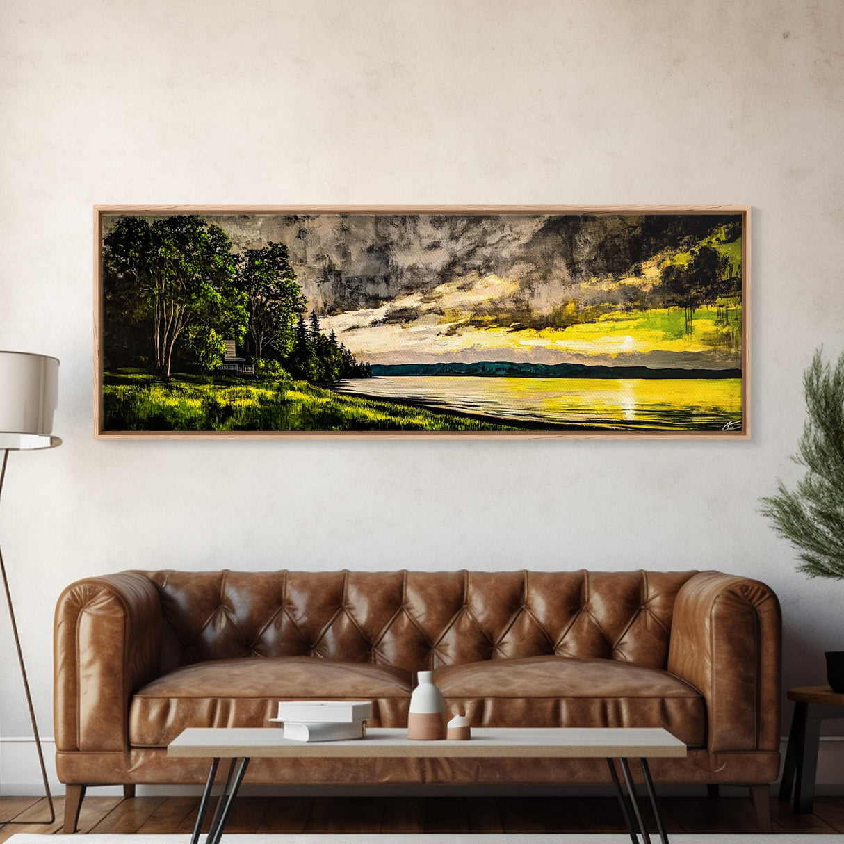 Lakeside Sunset Painting, Cabin Wall Art, Serene Landscape Print, Nature Inspired Home Decor, Golden Tones, Framed Canvas Print