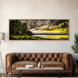 Lakeside Sunset Painting, Cabin Wall Art, Serene Landscape Print, Nature Inspired Home Decor, Golden Tones, Framed Canvas Print