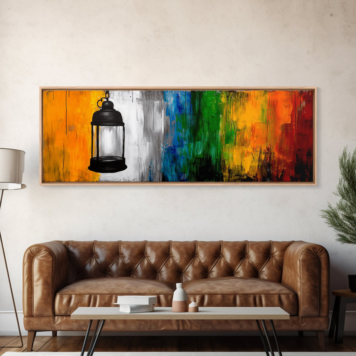Lantern Abstract Art, Colorful Rustic Decor, Modern Cabin Wall Art, Bright Festival Painting, Bohemian Aesthetic, Framed Canvas Print