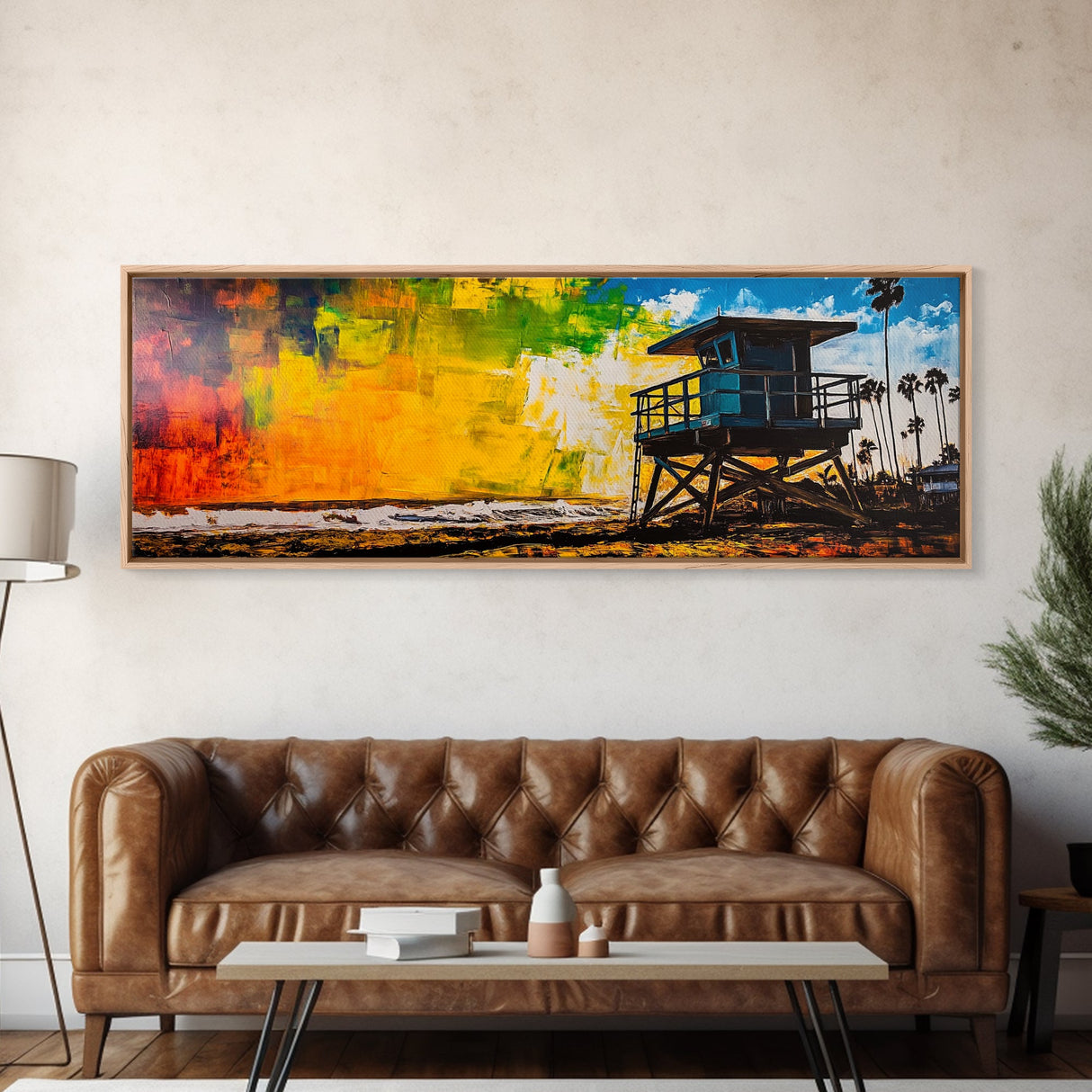 Lifeguard Tower, Coastal Beach Art, Sunset Painting, Vibrant Wall Art, Framed Canvas Print, Large Wall Art, Living Room Decor, Modern Art
