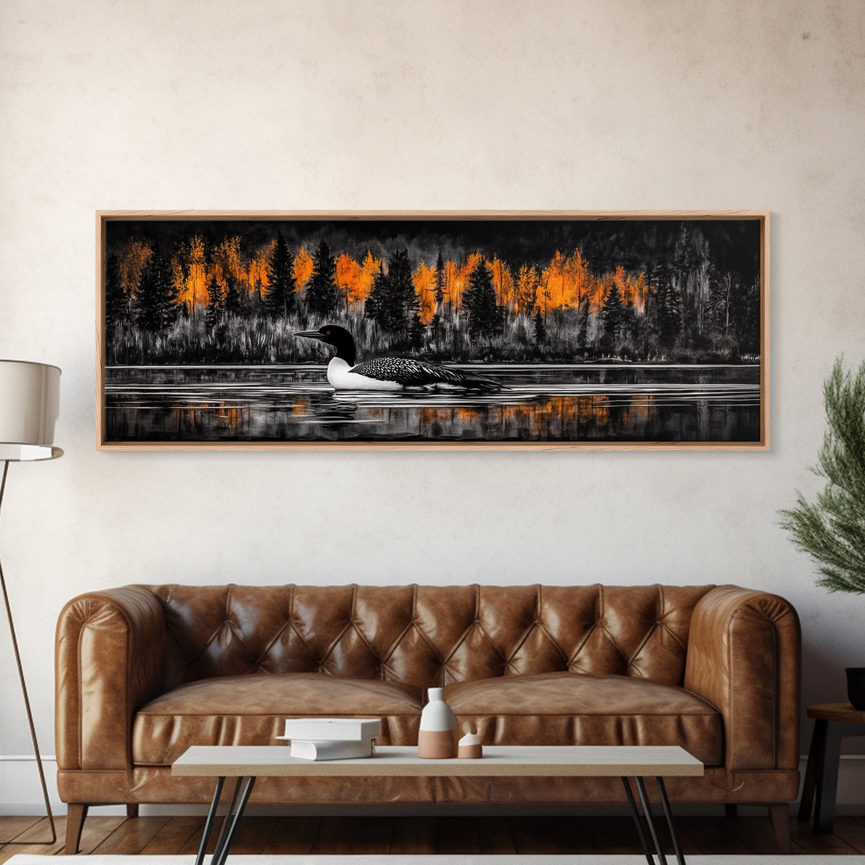 Autumn Lake, Wildlife Wall Art, Loon Bird Painting, Fall Nature Scene, Framed Canvas Print, Cabin Wall Art, Rustic Decor, Warm Fall Colors