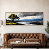 Stormy Landscape, Dramatic Tree Art, Coastal Wall Art, Nature Inspired Decor, Framed Canvas Print, Living Room Art, Moody Wall Art, Blue Tones
