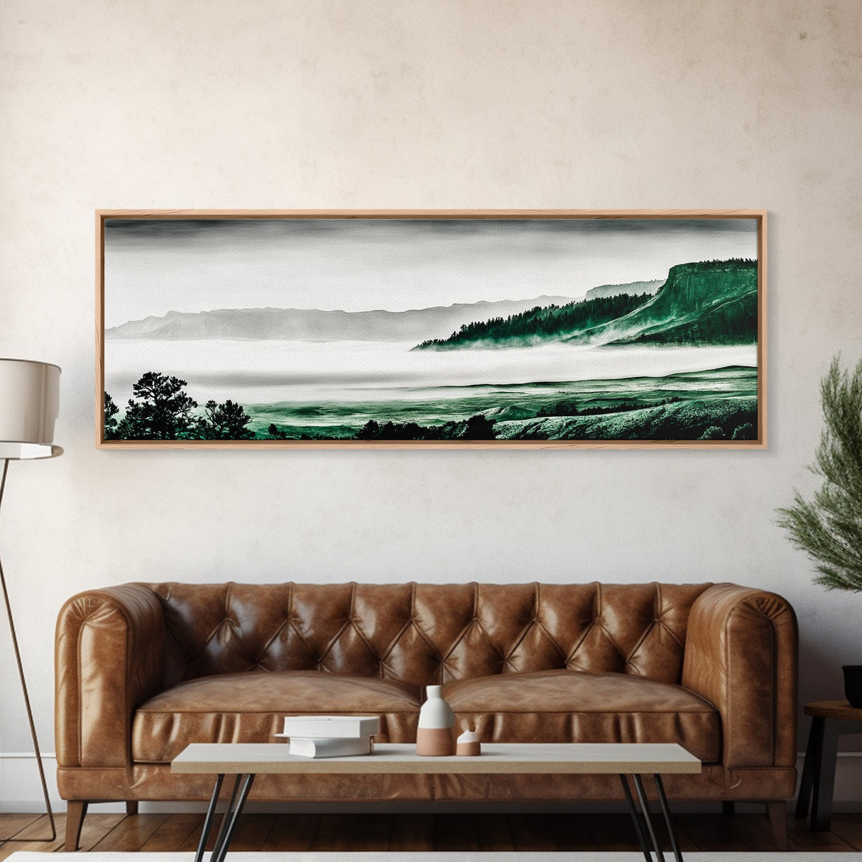 Foggy Mountains, Misty Forest Scene, Serene Nature Art, Minimalist Wall Decor, Framed Canvas Print, Bedroom Wall Art, Green Tones, Tranquil Vibes