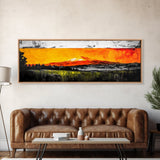 Fiery Peaks, Mountain Sunset, Landscape Painting, Framed Canvas Print, Rustic Home Art, Living Room Decor, Bold Wall Art