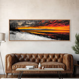Snowy Shore, Golden Glow, Winter Sunset, Framed Canvas Print, Lake House Art, Dramatic Skies, Rustic Home Decor, Cabin Wall Art