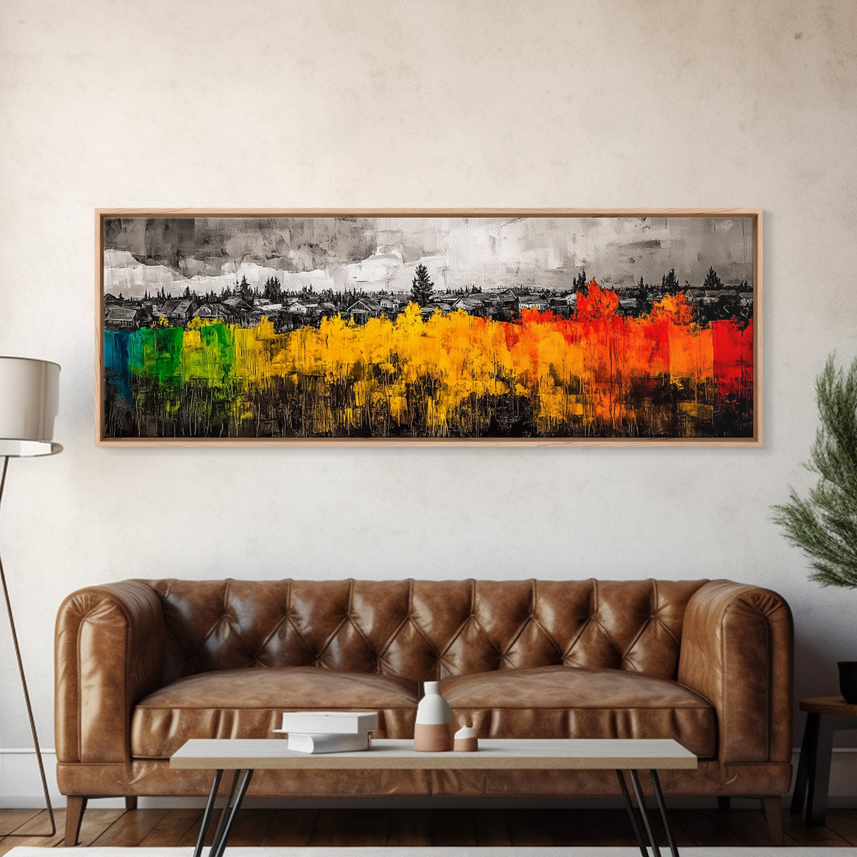 Autumn Trees, Village Scene, Vibrant Fall Decor, Warm Seasonal Print, Nature Inspired Artwork, Living Room Wall Art, Framed Canvas Print