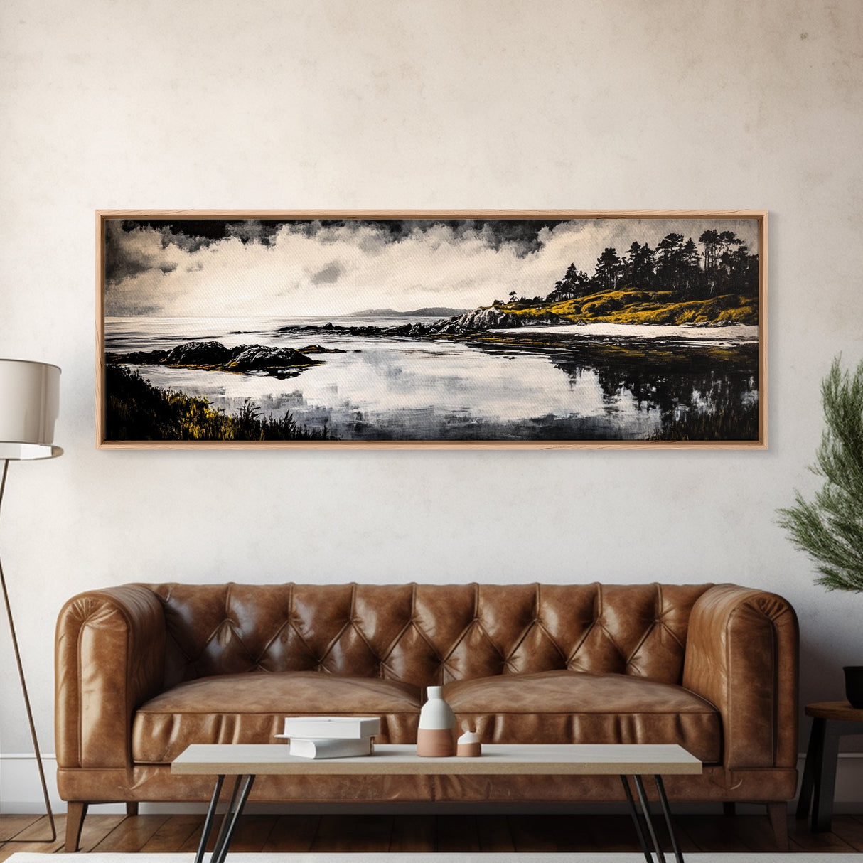 Coastal Reflection, Black White Art, Framed Canvas Print, Modern Landscape Art, Minimalist Decor, Large Wall Art, Bedroom Wall Art