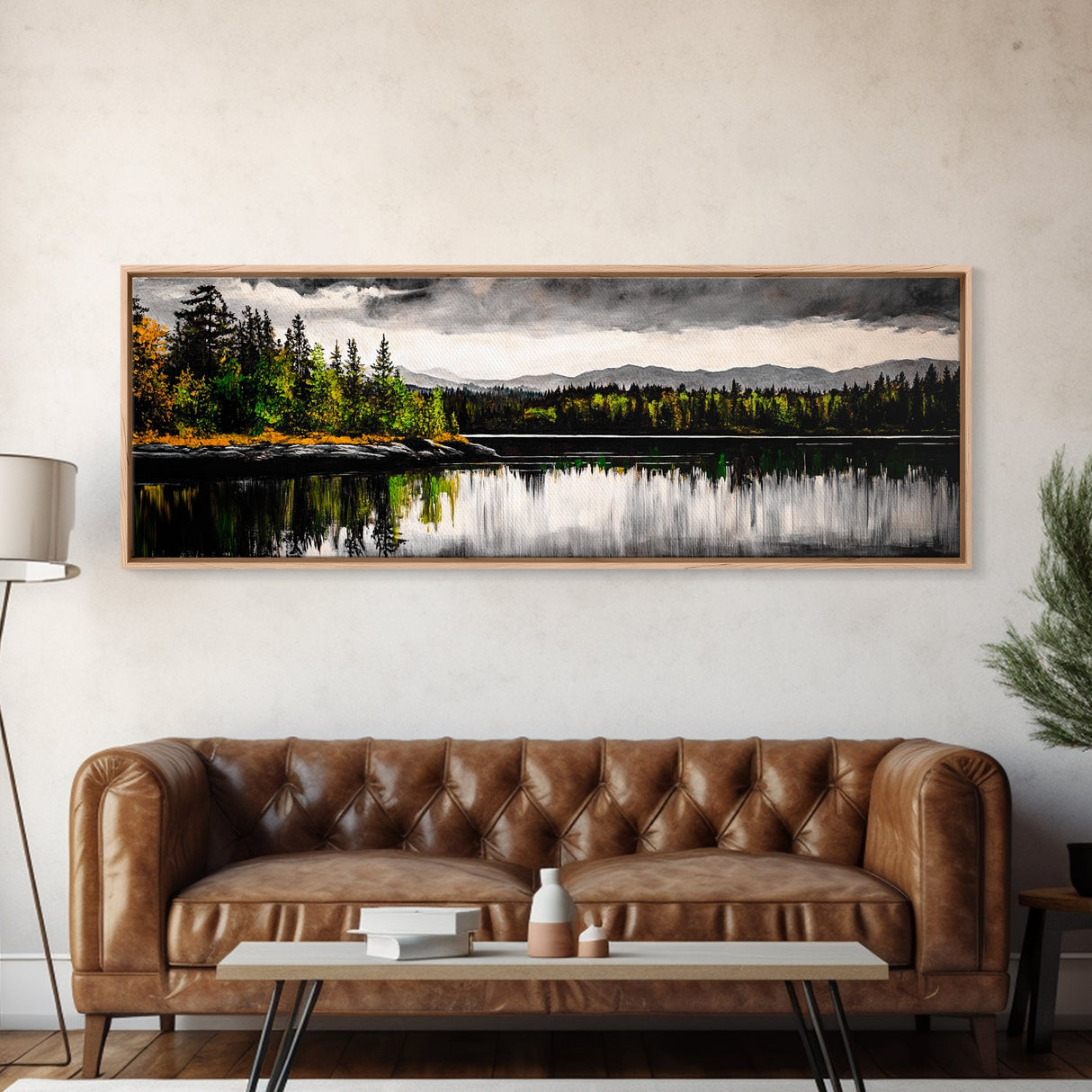 Lake Reflection, Mountain Trees, Framed Canvas Print, Serene Landscape Art, Large Nature Wall Art, Tranquil Home Decor, Bedroom Wall Art