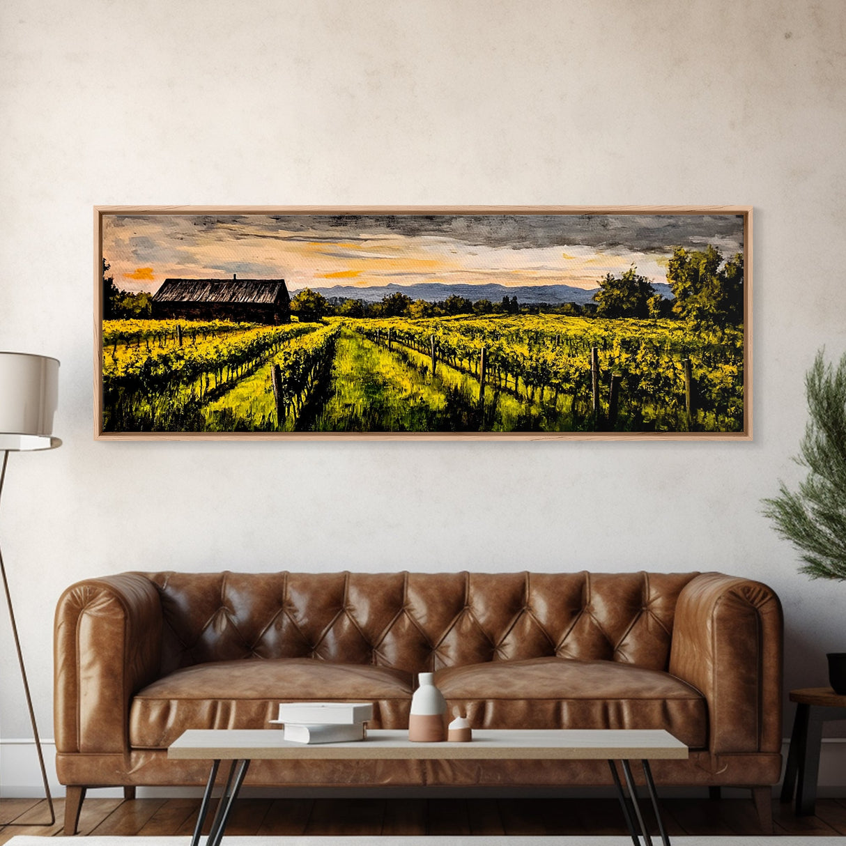 Vineyard Painting, Countryside Art, Framed Canvas Print, Rustic Farmhouse Decor, Landscape Wall Art, Warm Autumn Colors, Dining Room Art